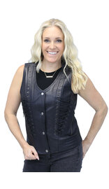 Unik Women's Eyelet Trim Laced Up Black Leather Vest #VL6985ELK