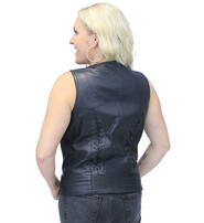 Unik Women's Eyelet Trim Laced Up Black Leather Vest #VL6985ELK