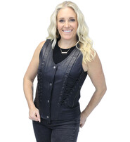 Unik Women's Eyelet Trim Laced Up Black Leather Vest #VL6985ELK