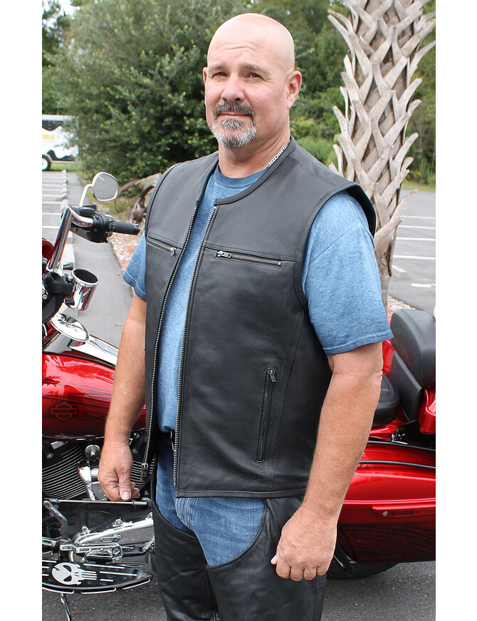 Unik Men's Collarless Leather Zipper Club Vest with 4 Zip Pockets #VM6721GZK