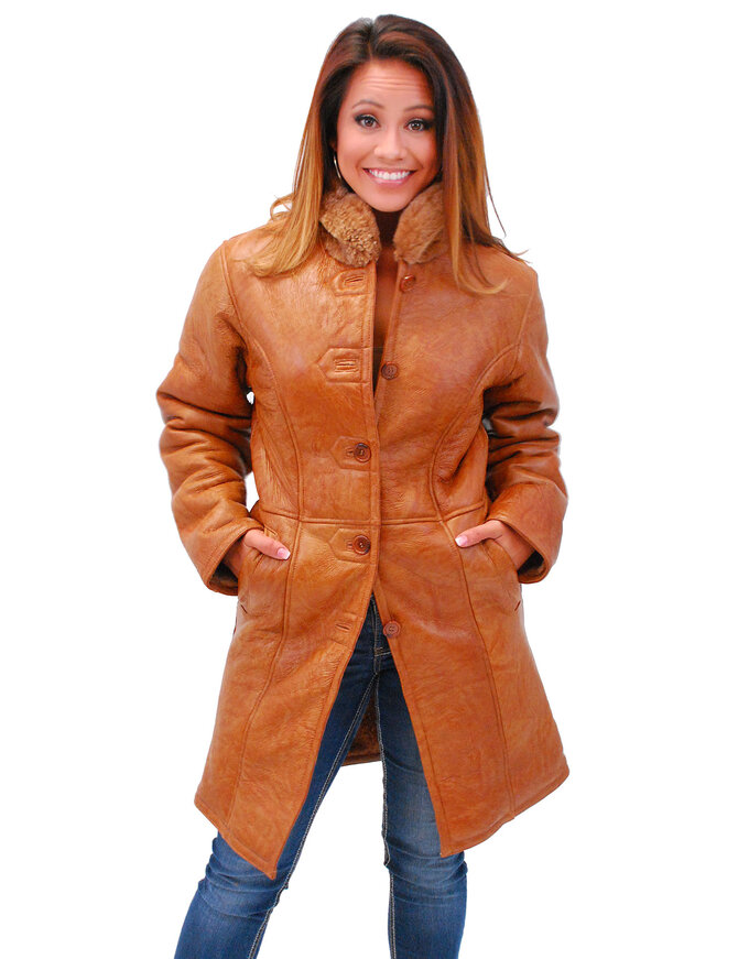 Women's Tan Genuine Sheepskin Fur Lined Trench Coat #L1319HN