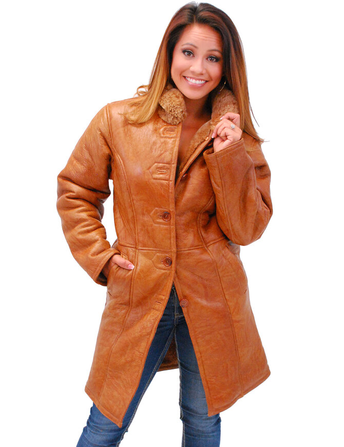 Women's Tan Genuine Sheepskin Fur Lined Trench Coat #L1319HN