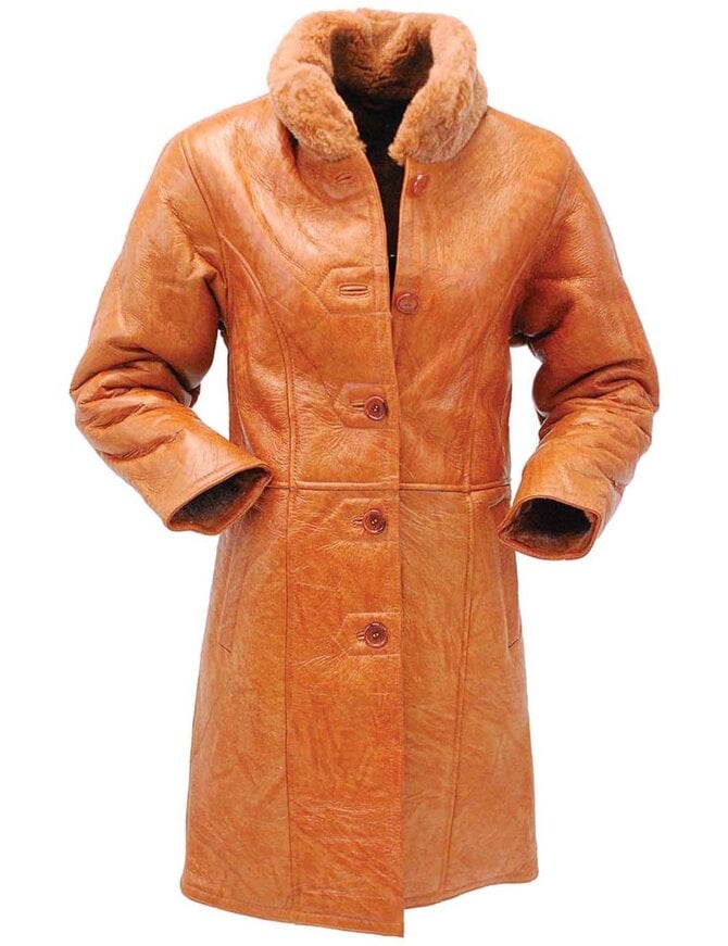 Women's Tan Genuine Sheepskin Fur Lined Trench Coat #L1319HN