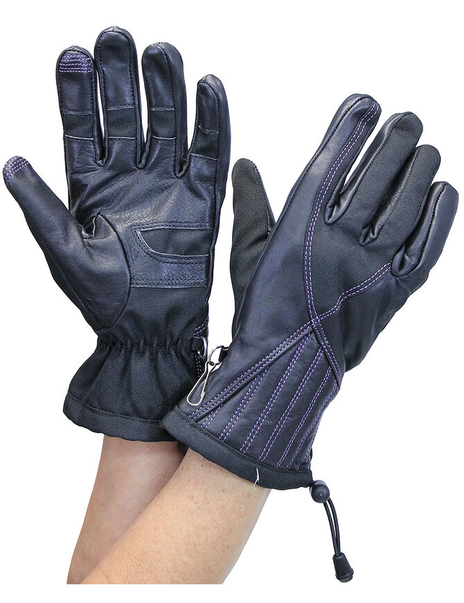Purple Stitched Nylon and Leather Women's Gauntlet Gloves #GL777106PU