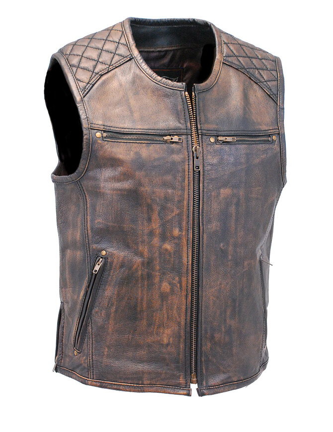 Men's Vintage Brown Quilt Leather Concealed Pocket Vest #VMA6714QGN
