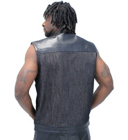 Men's Black Leather and Denim Club Vest w/Easy Access Pocket #VMC913GK