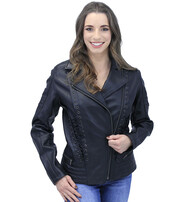 Long Black Leather Laced Eyelet Motorcycle Jacket #L69550ELK