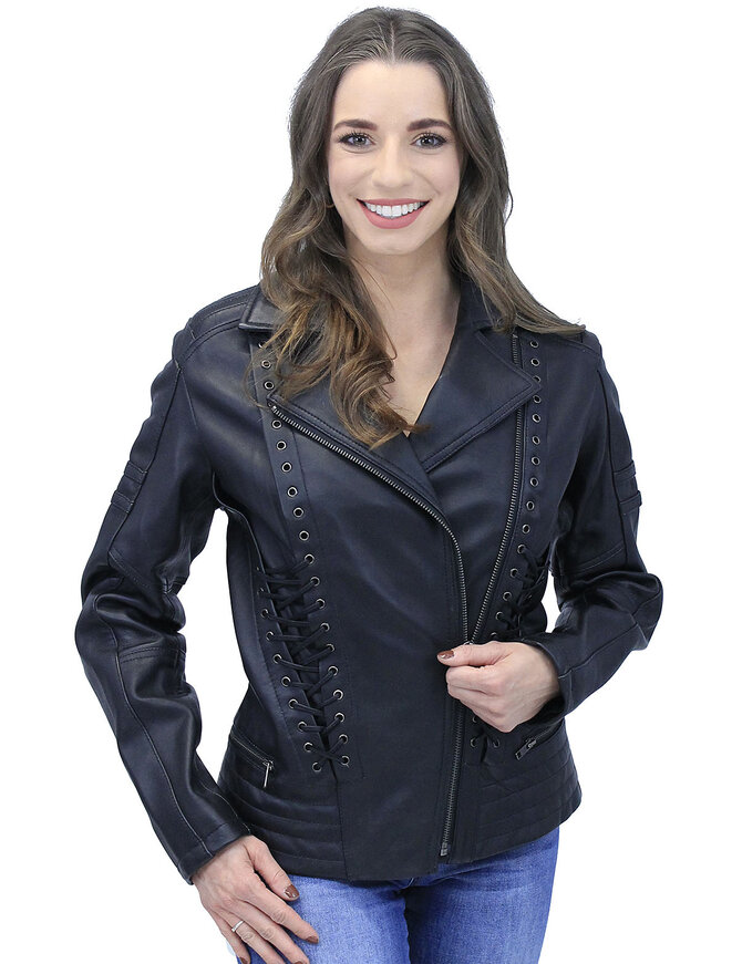 Long Black Leather Laced Eyelet Motorcycle Jacket #L69550ELK