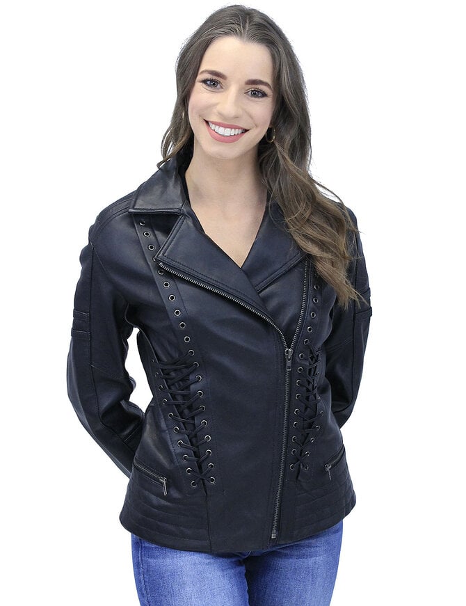 Long Black Leather Laced Eyelet Motorcycle Jacket #L69550ELK