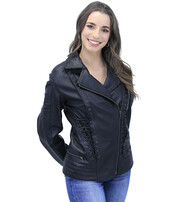 Long Black Leather Laced Eyelet Motorcycle Jacket #L69550ELK