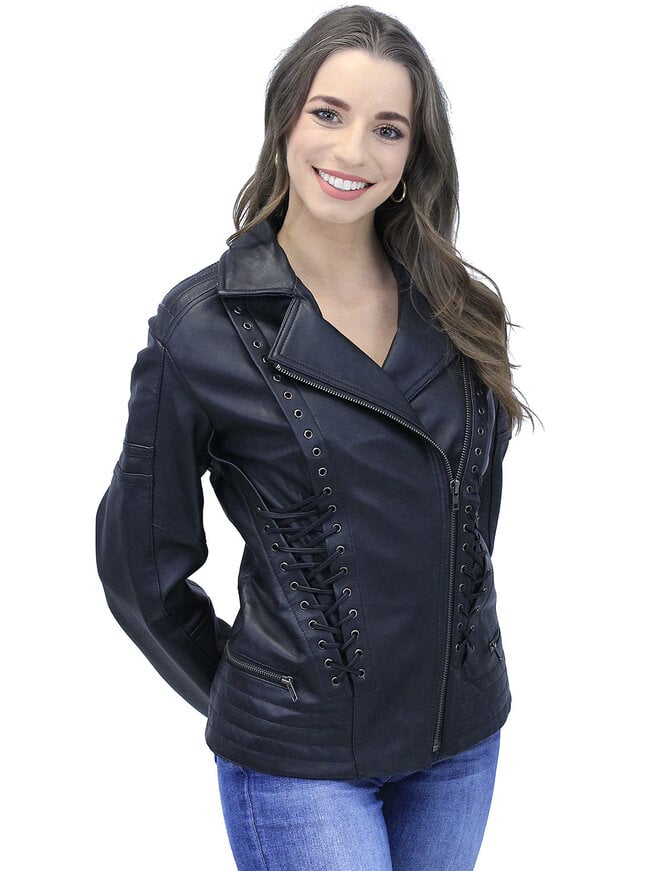 Long Black Leather Laced Eyelet Motorcycle Jacket #L69550ELK