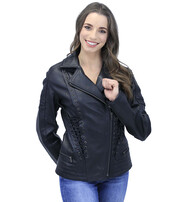 Long Black Leather Laced Eyelet Motorcycle Jacket #L69550ELK