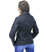 Long Black Leather Laced Eyelet Motorcycle Jacket #L69550ELK