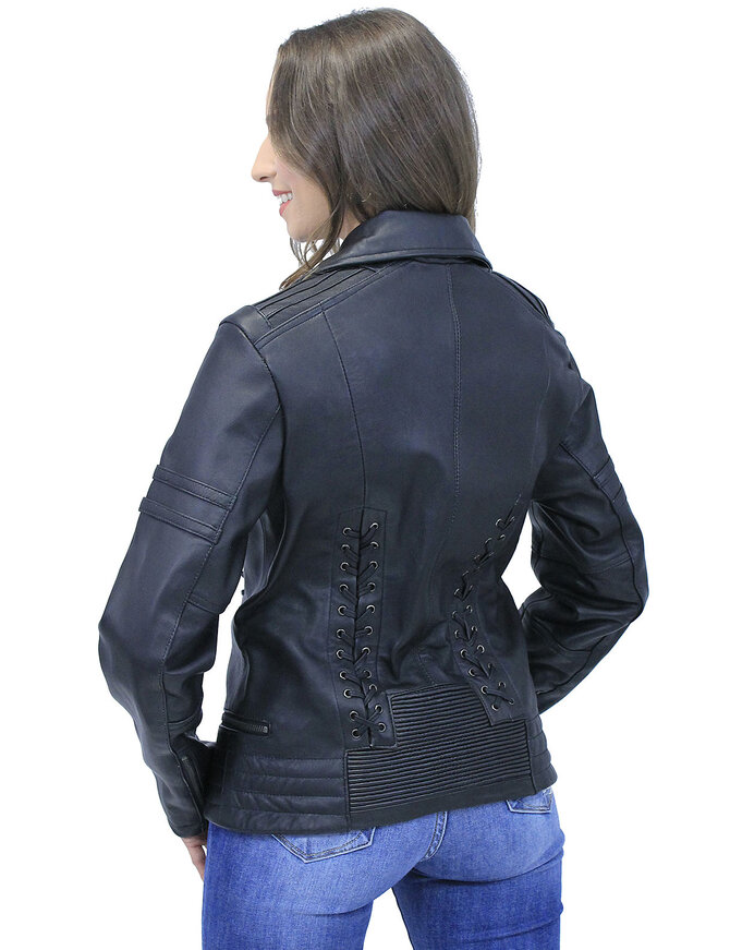 Long Black Leather Laced Eyelet Motorcycle Jacket #L69550ELK