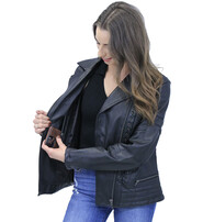 Long Black Leather Laced Eyelet Motorcycle Jacket #L69550ELK