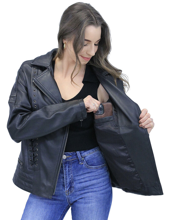 Long Black Leather Laced Eyelet Motorcycle Jacket #L69550ELK