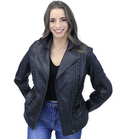 Long Black Leather Laced Eyelet Motorcycle Jacket #L69550ELK