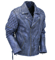 Jamin Leather® Quilted Blue Distressed Leather MC Jacket CC Pockets #MA2024QGU