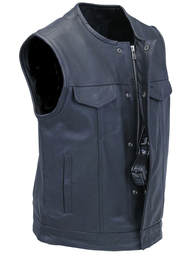 Unik Collarless Premium Buffalo Leather Snap & Zip Concealed Pocket Vest #VM7410GK