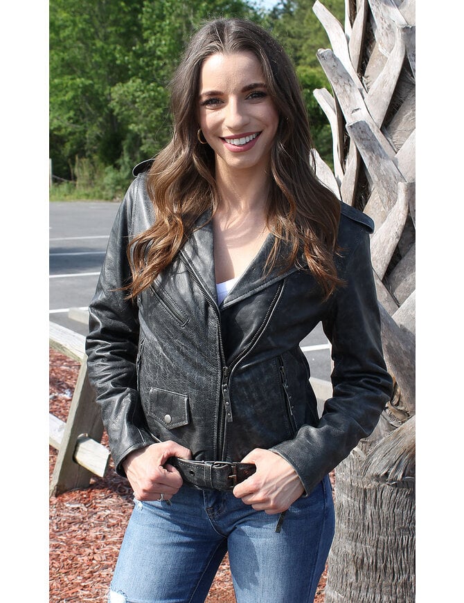 Unik Women's Vintage Gray Leather Motorcycle Jacket #LA68323GY