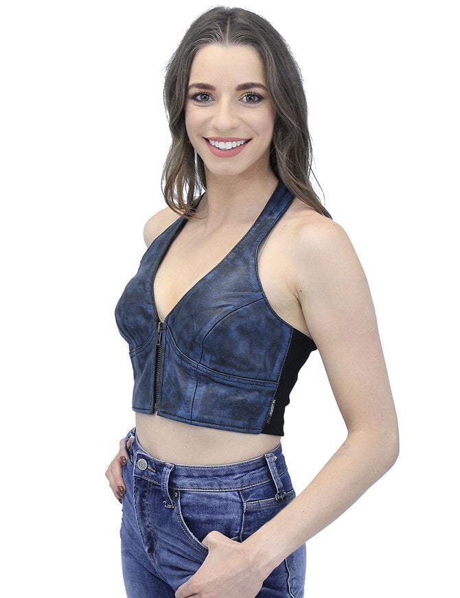 Jamin Leather® Hand Antiqued Blue Lambskin Leather Cropped Halter #LH30194U