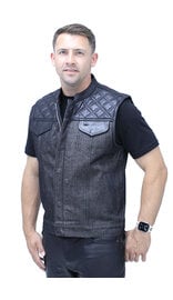 Unik Black Denim Leather Quilt Concealed Pockets Club Vest #VM6676DGQK