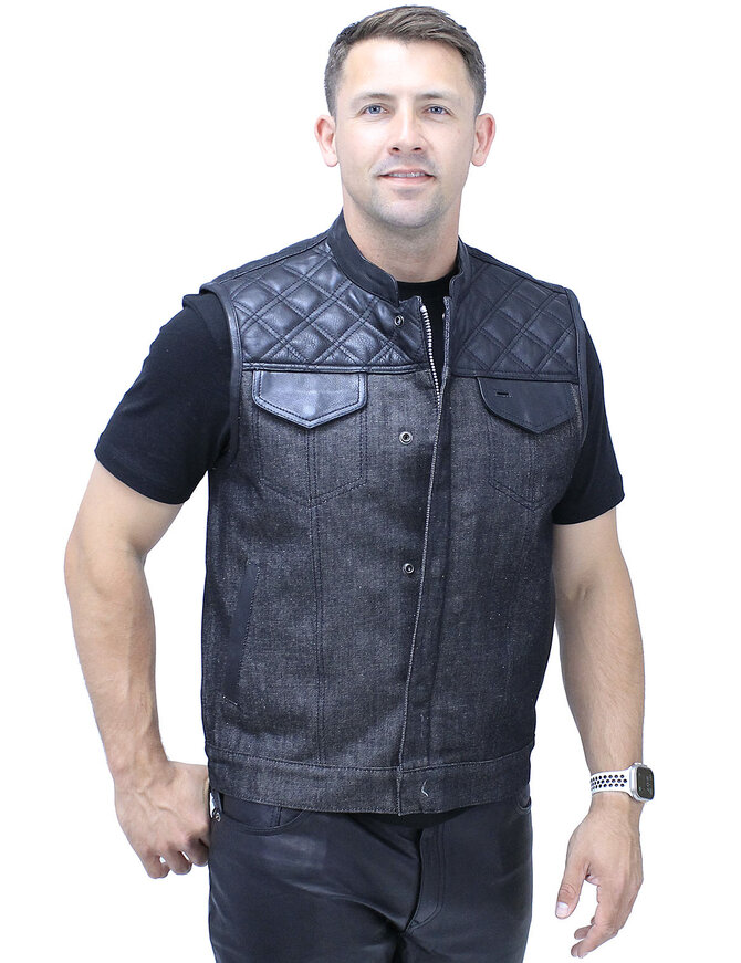 Unik Black Denim Leather Quilt Concealed Pockets Club Vest #VM6676DGQK