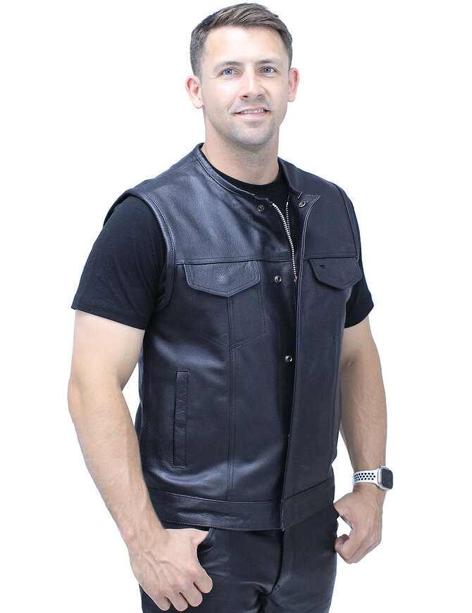 Unik Collarless Premium Buffalo Leather Snap & Zip Concealed Pocket Vest #VM7410GK