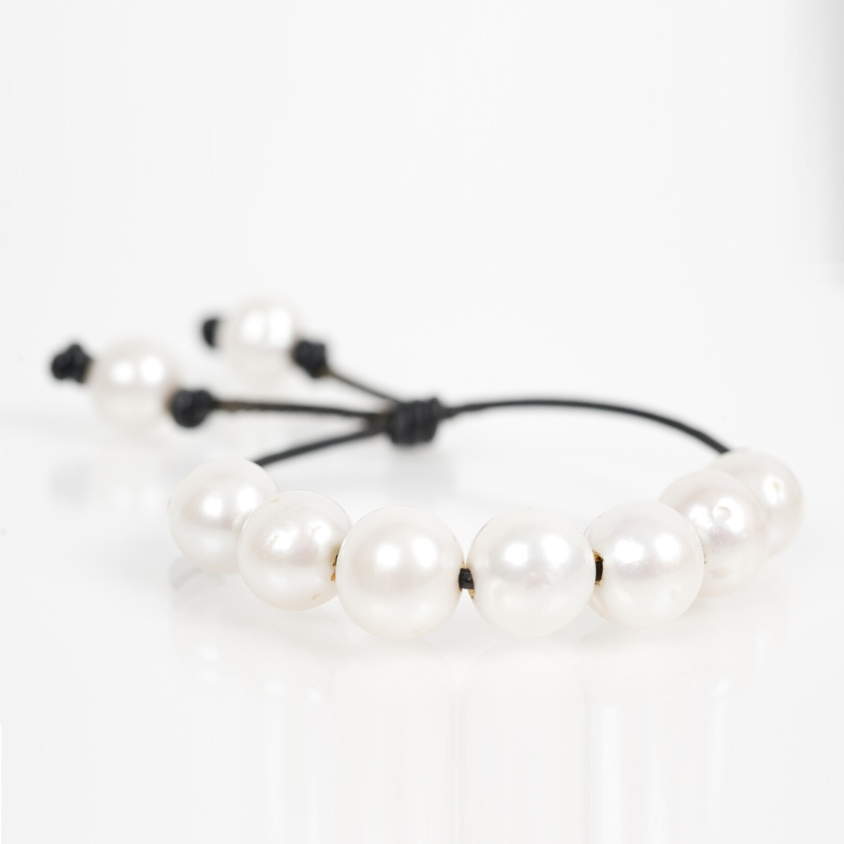 Mina Danielle White Fresh Water Pearls on Black Leather Cord