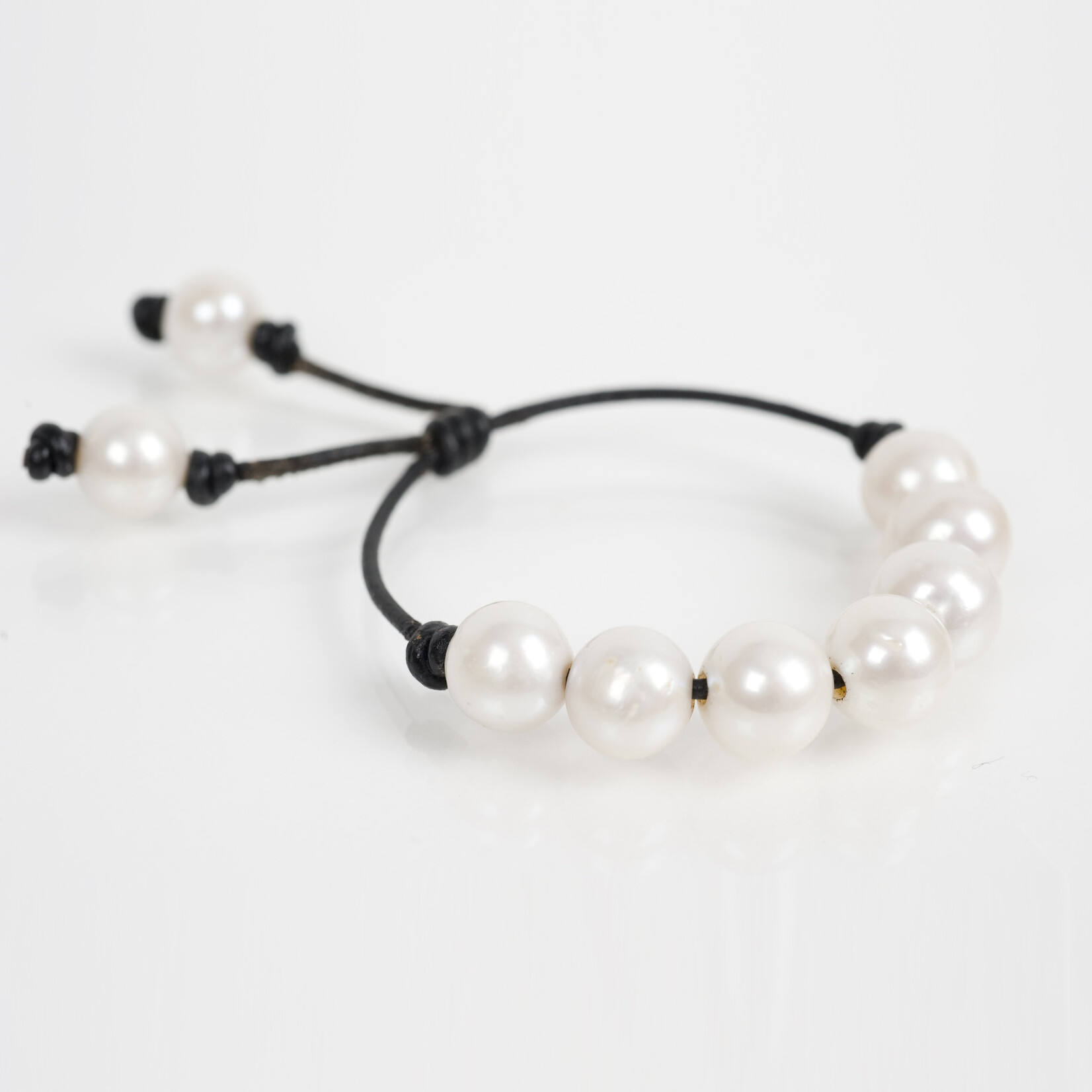 Mina Danielle White Fresh Water Pearls on Black Leather Cord