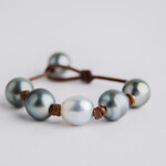 Mina Danielle Light Gray Tahitian and White South Sea Pearls knotted on Natural Leather Cord. Pearl Button Closure.