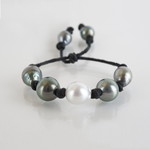 Mina Danielle South Sea and Tahitian Pearls on Black Leather Cord with adjustable sliding closure