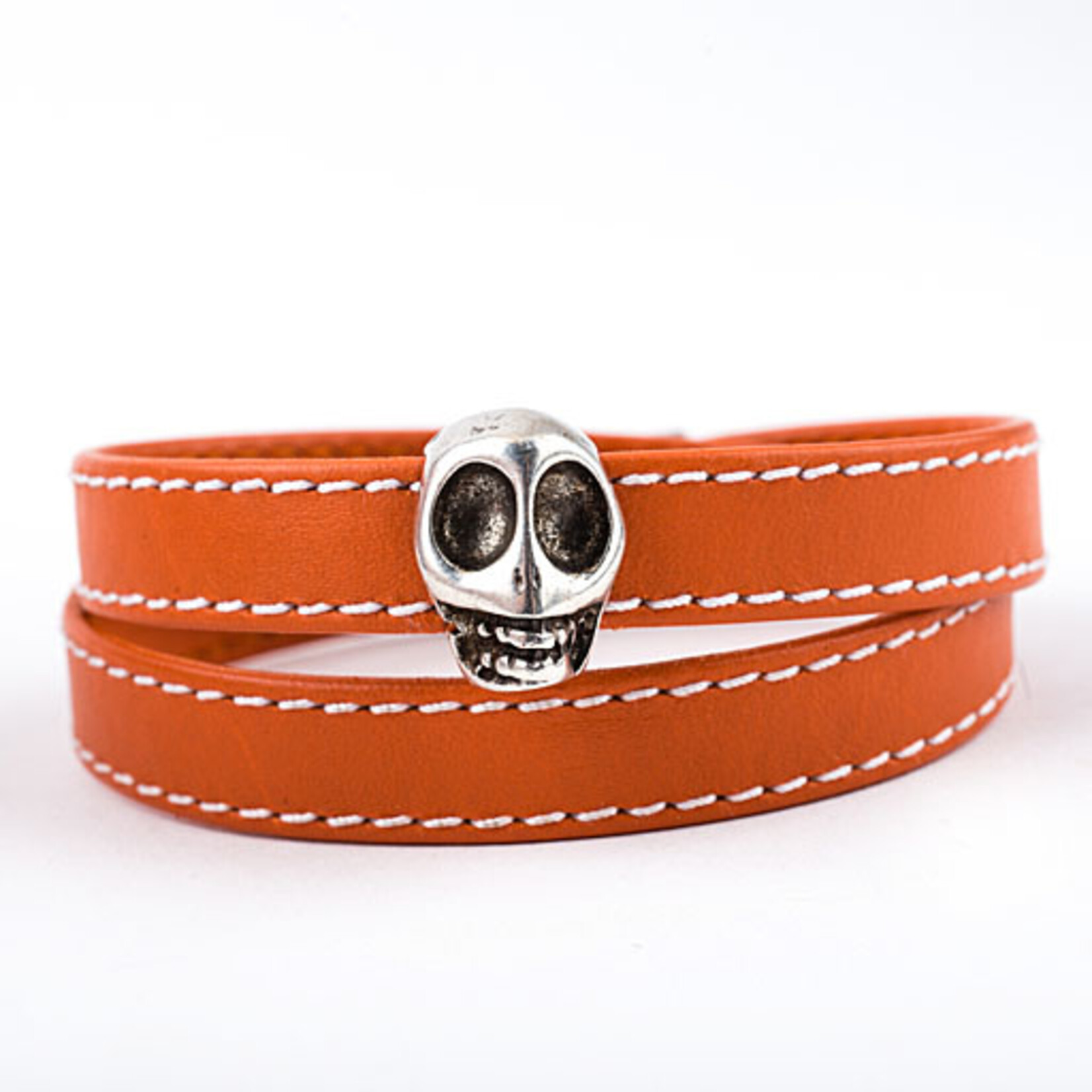 Mina Danielle Orange Leather Wrap Bracelet with Silver Skull