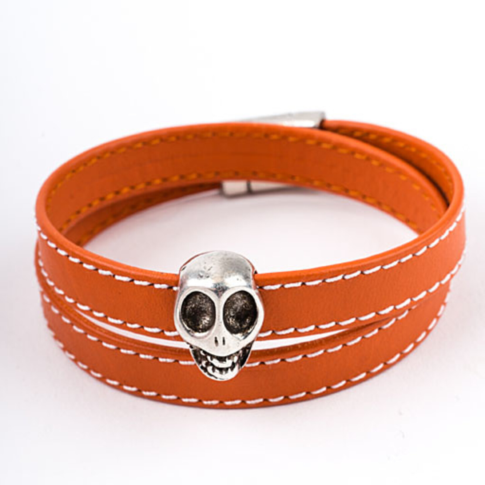 Mina Danielle Orange Leather Wrap Bracelet with Silver Skull