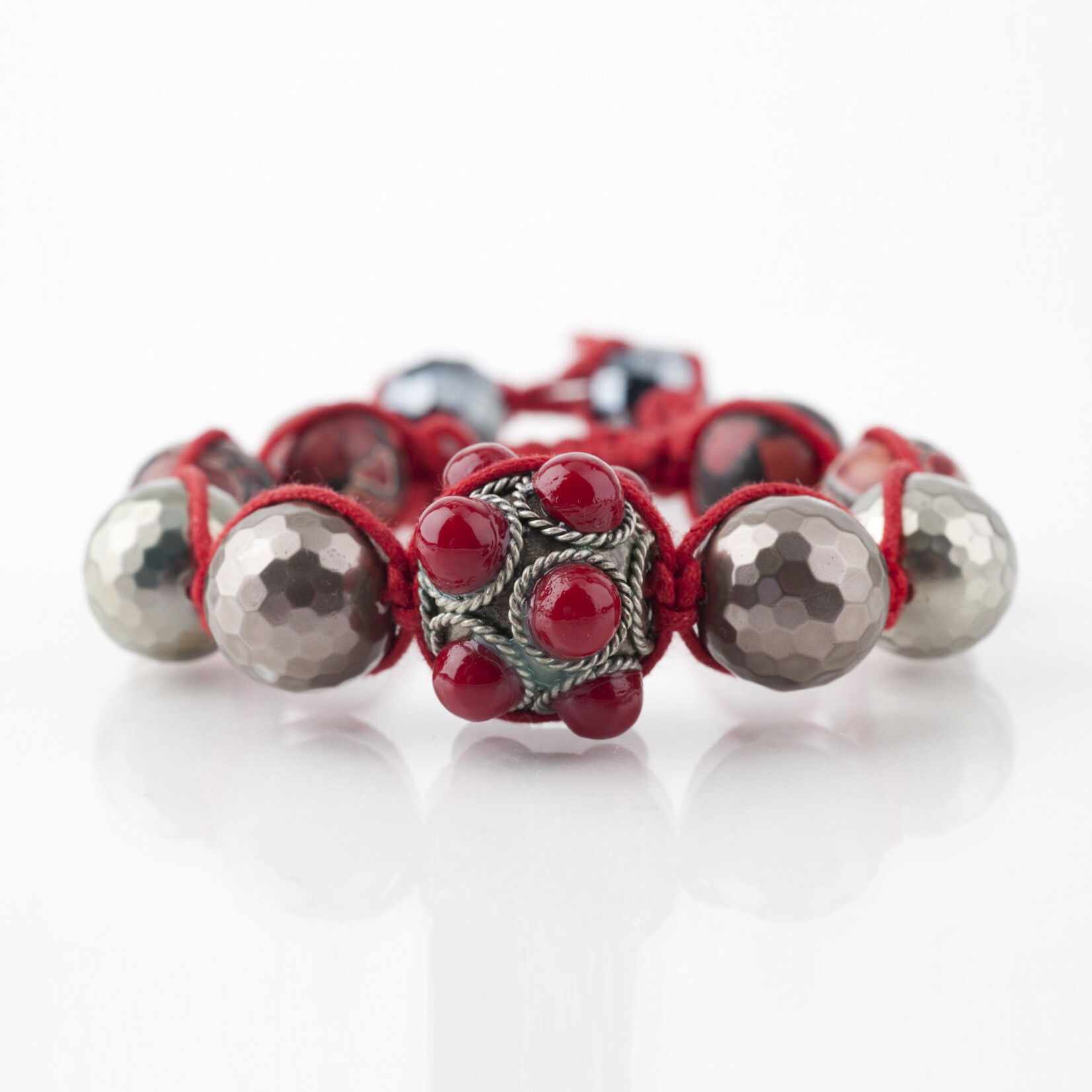 Mina Danielle Macrame Red Coral & Silver Tibetan Bracelet