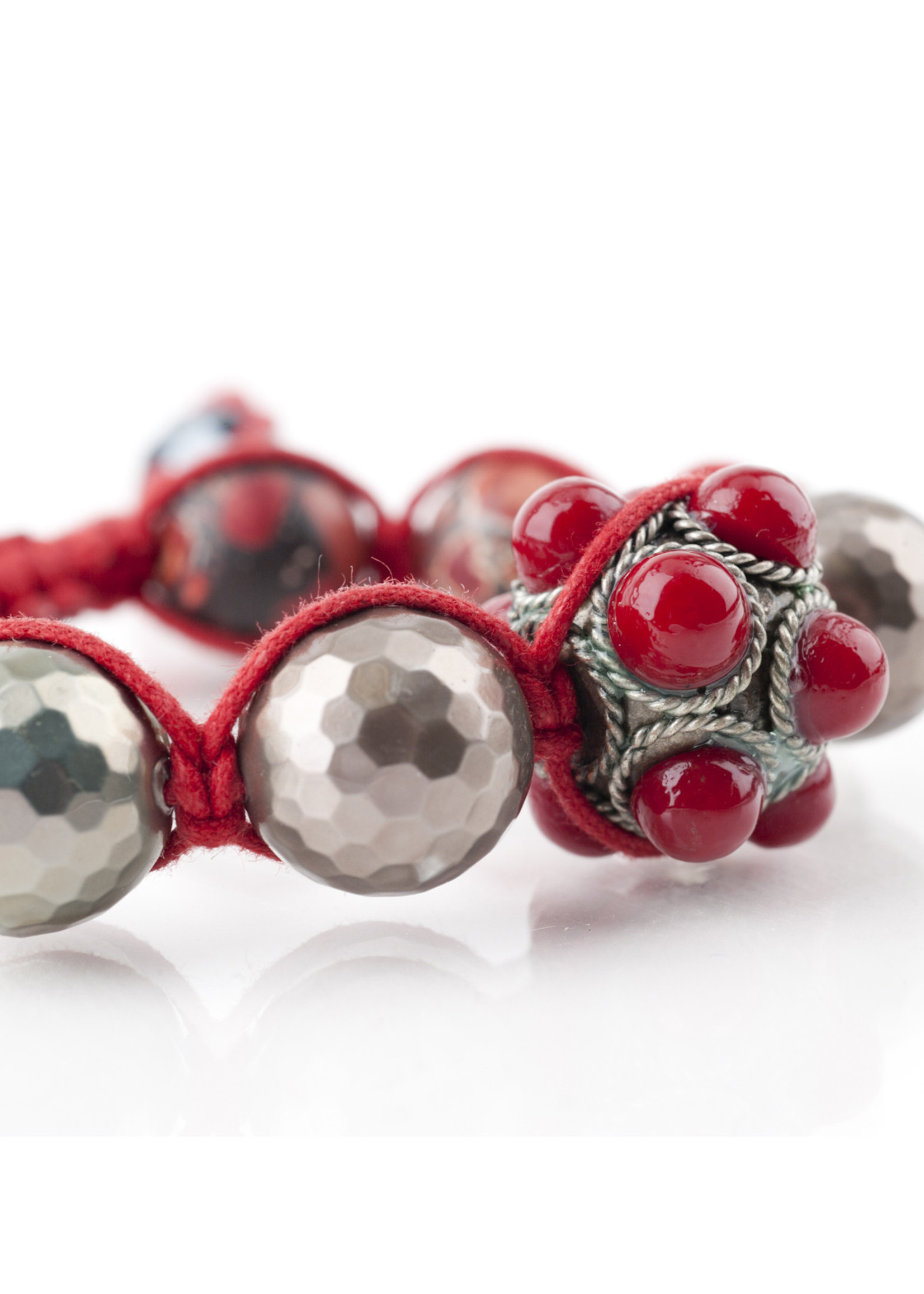 Mina Danielle Macramé Red Coral & Silver Tibetan Bracelet