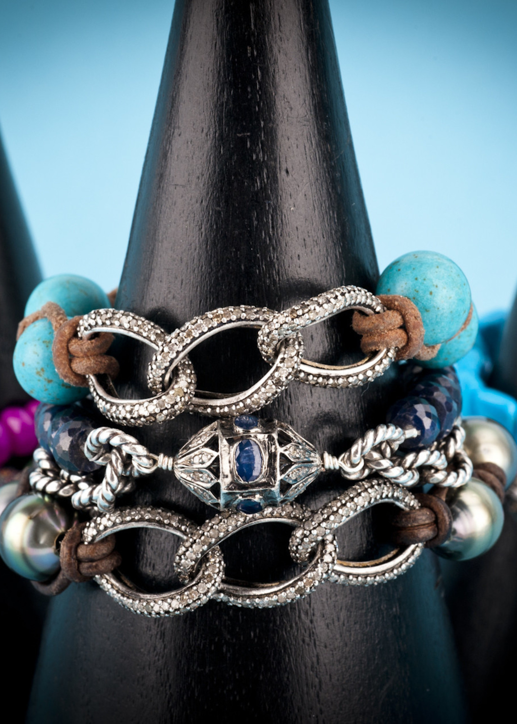Mina Danielle Pavé Diamond Links with Turquoise Beads on Tan Leather Cord