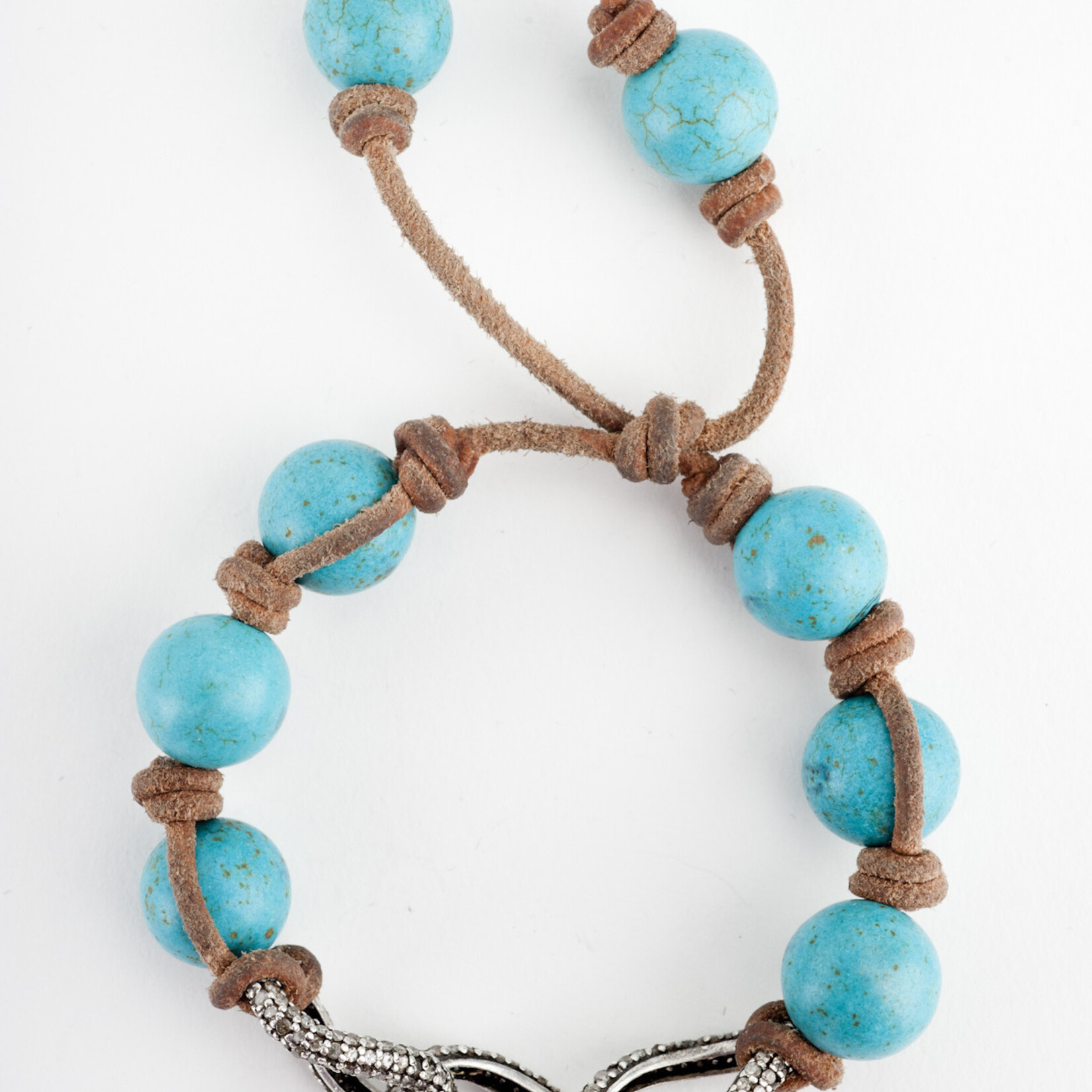 Mina Danielle Pave Diamond Links with Turquoise Beads on Tan Leather Cord