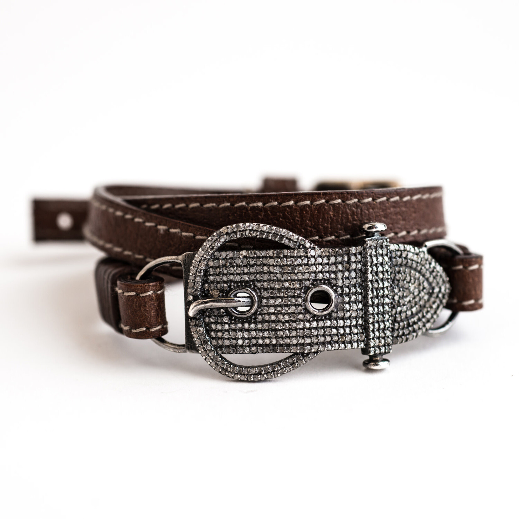 Mina Danielle Pave Diamond Buckle on Brown Stitched Leather