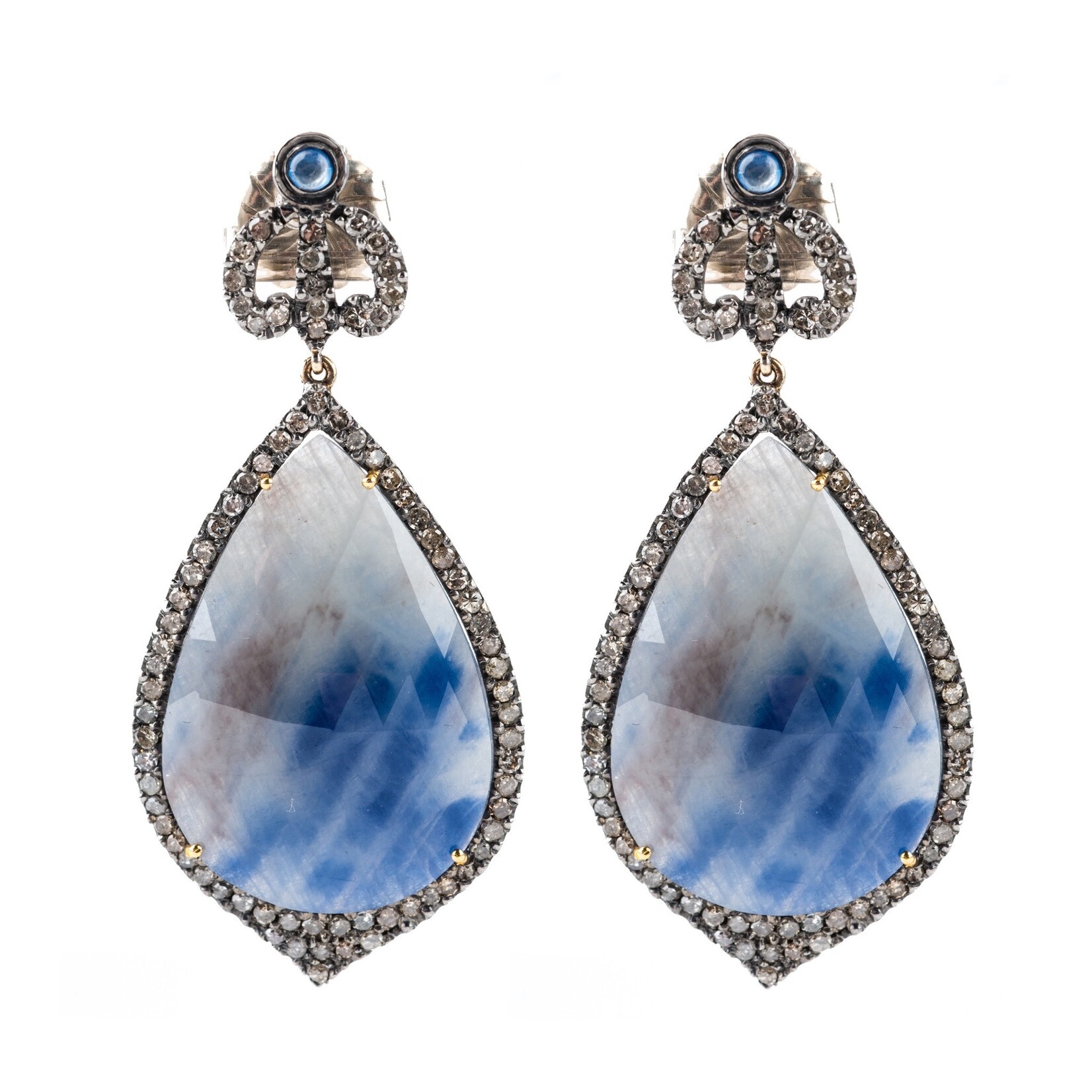 Mina Danielle Teardrop Sapphire and Diamond Earrings with Crown Diamond Tops