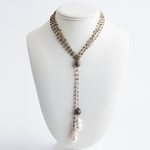 Mina Danielle Double Moonstone & Gold Chain with 2 Hanging Baroque Pearls and Diamond Bead. Can be worn long or as a lariat