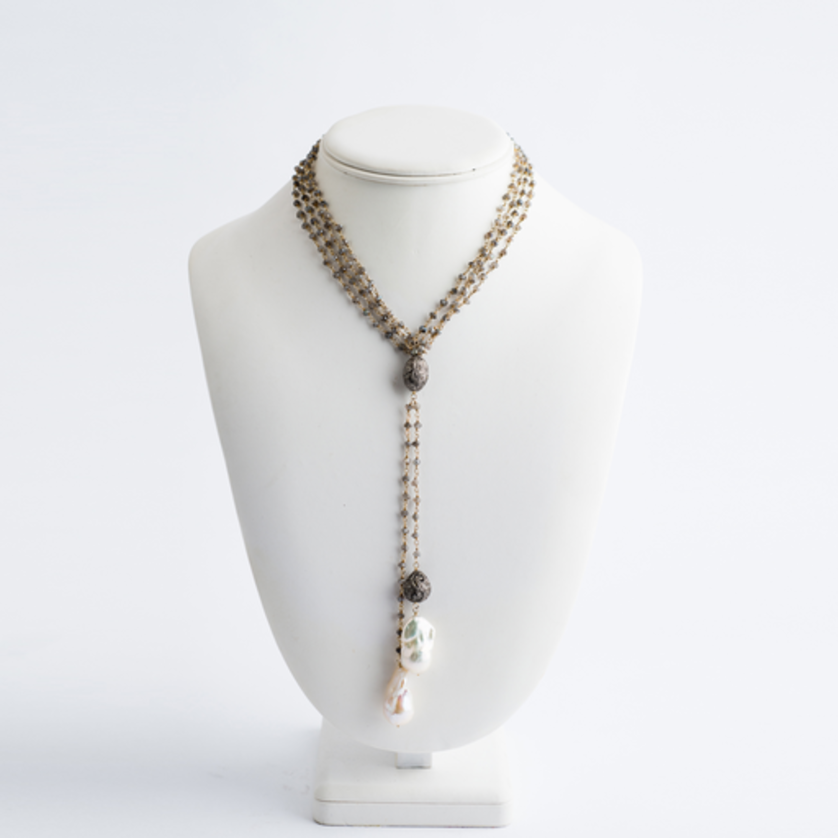 Mina Danielle Double Moonstone & Gold Chain with 2 Hanging Baroque Pearls and Diamond Bead. Can be worn long or as a lariat