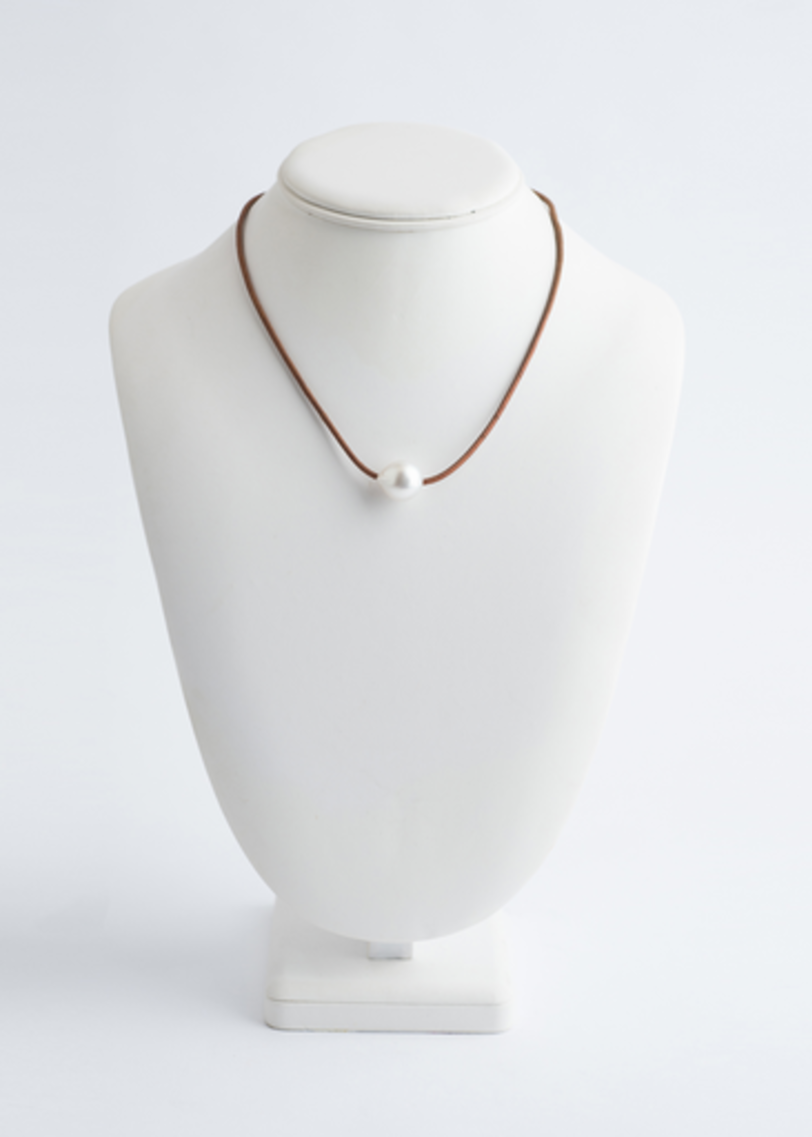 Mina Danielle White South Sea Pearl Necklace on Tan Leather Cord