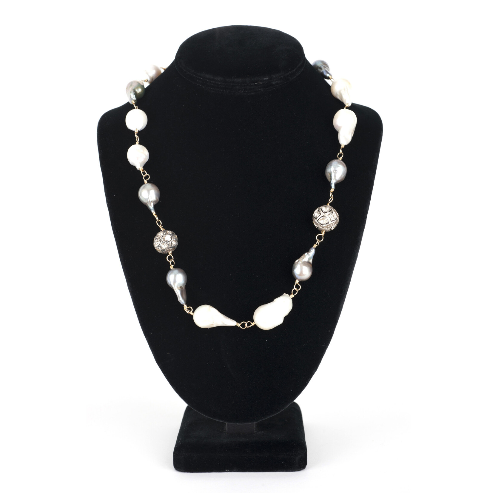 Mina Danielle Baroque Pearl Chain Link Necklace with 3 Rose Cut Diamonds