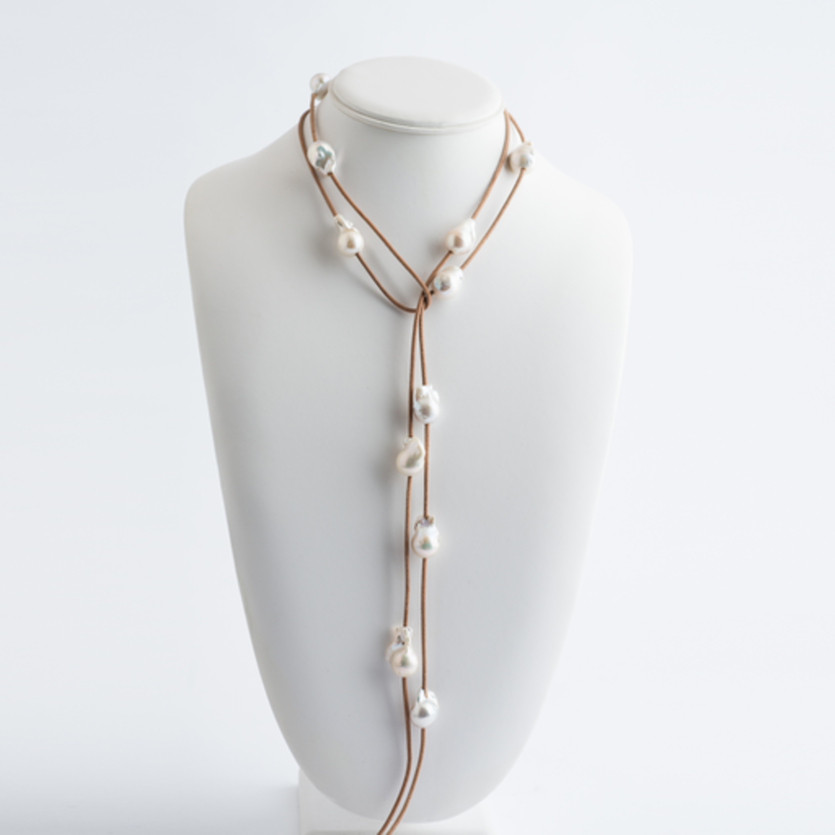 Leather pearl necklace,, 2mm leather cord, Single white pearl