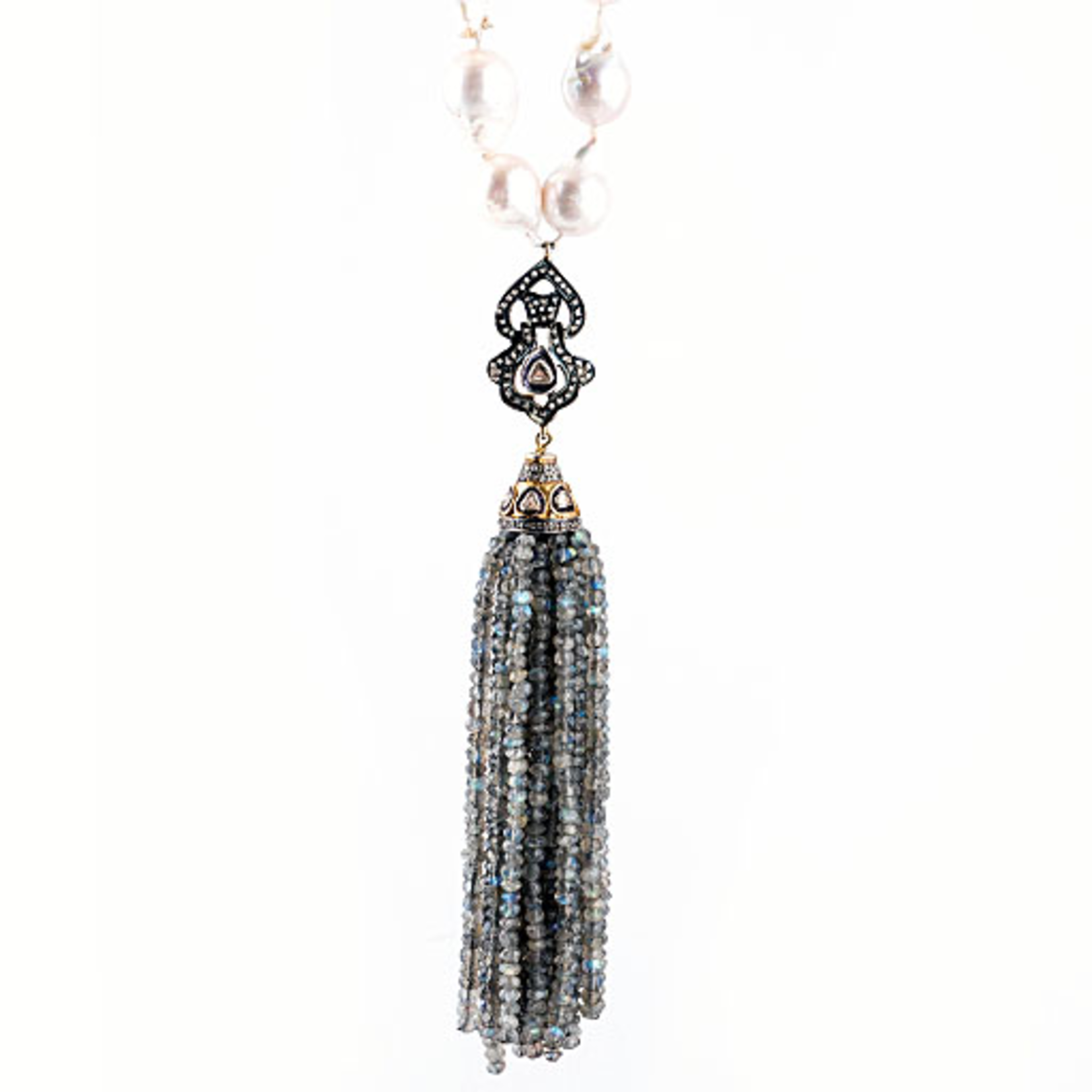 Mina Danielle Baroque Pearl necklace with Labraradorite Tassel