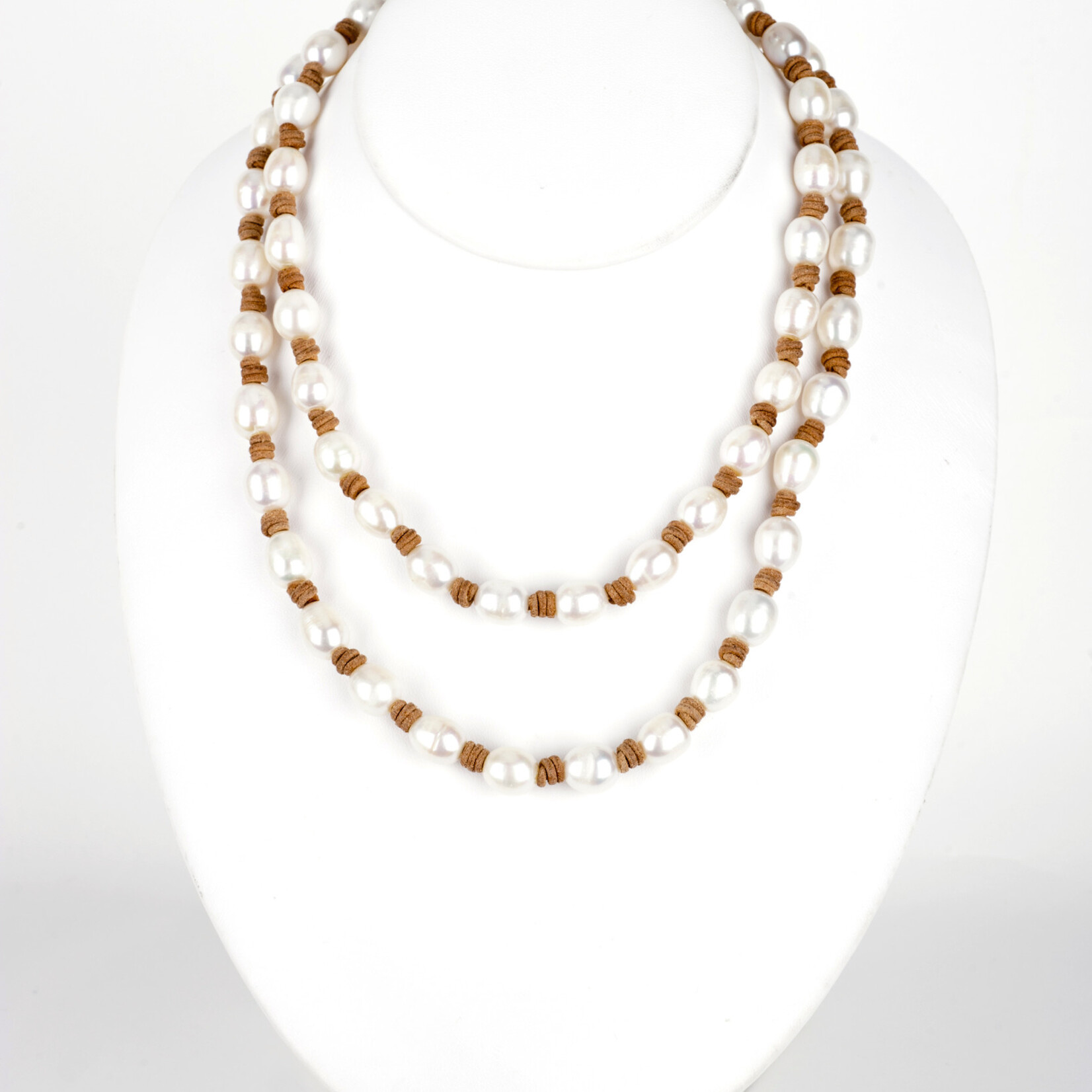 Mina Danielle Long Fresh Water Pearl Necklace on Tan Leather Cord