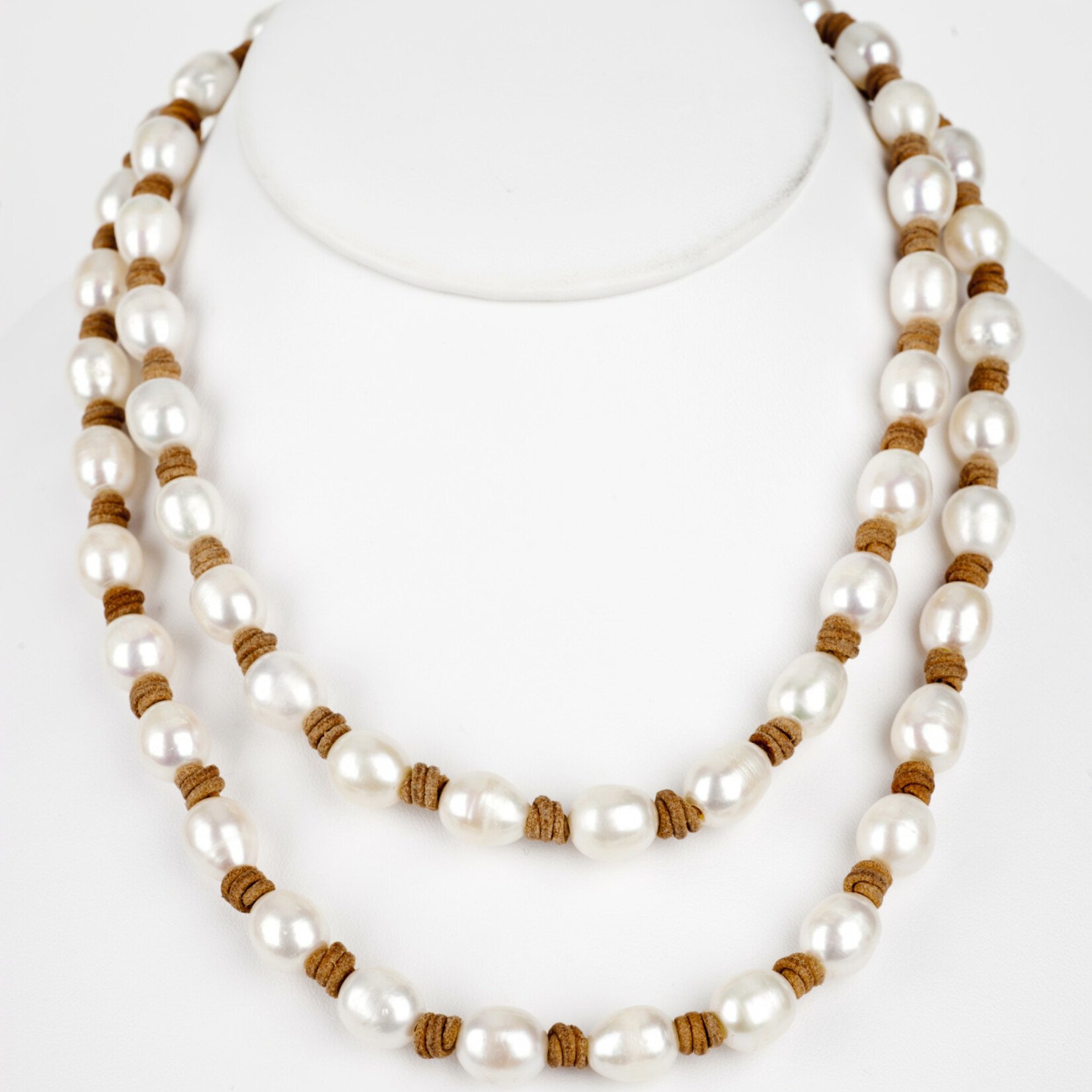 Mina Danielle Long Fresh Water Pearl Necklace on Tan Leather Cord