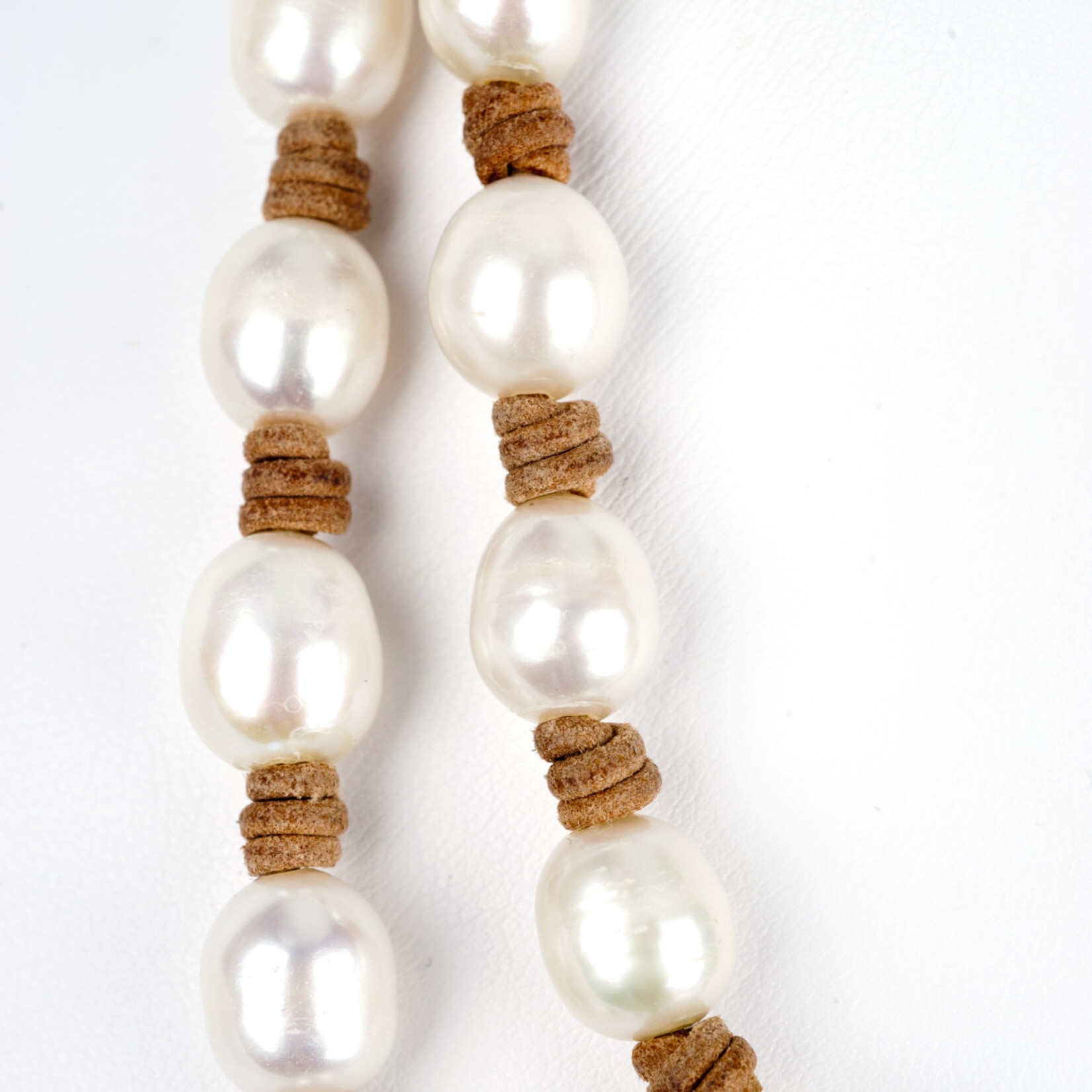 Mina Danielle Long Fresh Water Pearl Necklace on Tan Leather Cord