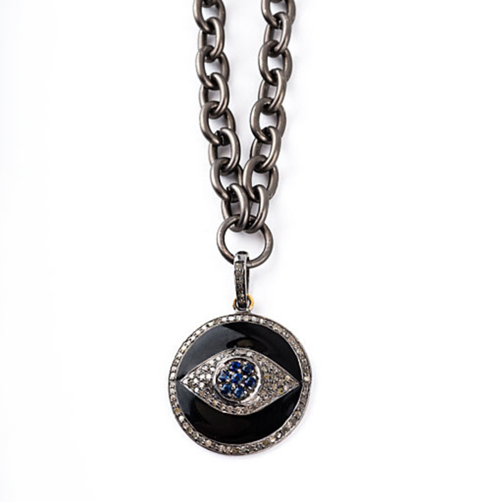 Mina Danielle Black Enamel & Diamond Evil Eye Pendant on Oxidized link chain